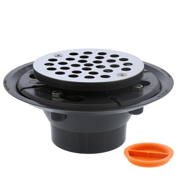 2inX3in PVC Shower Drain with 2in PVC Spud and 4in Round SS Strainer with Test Plug